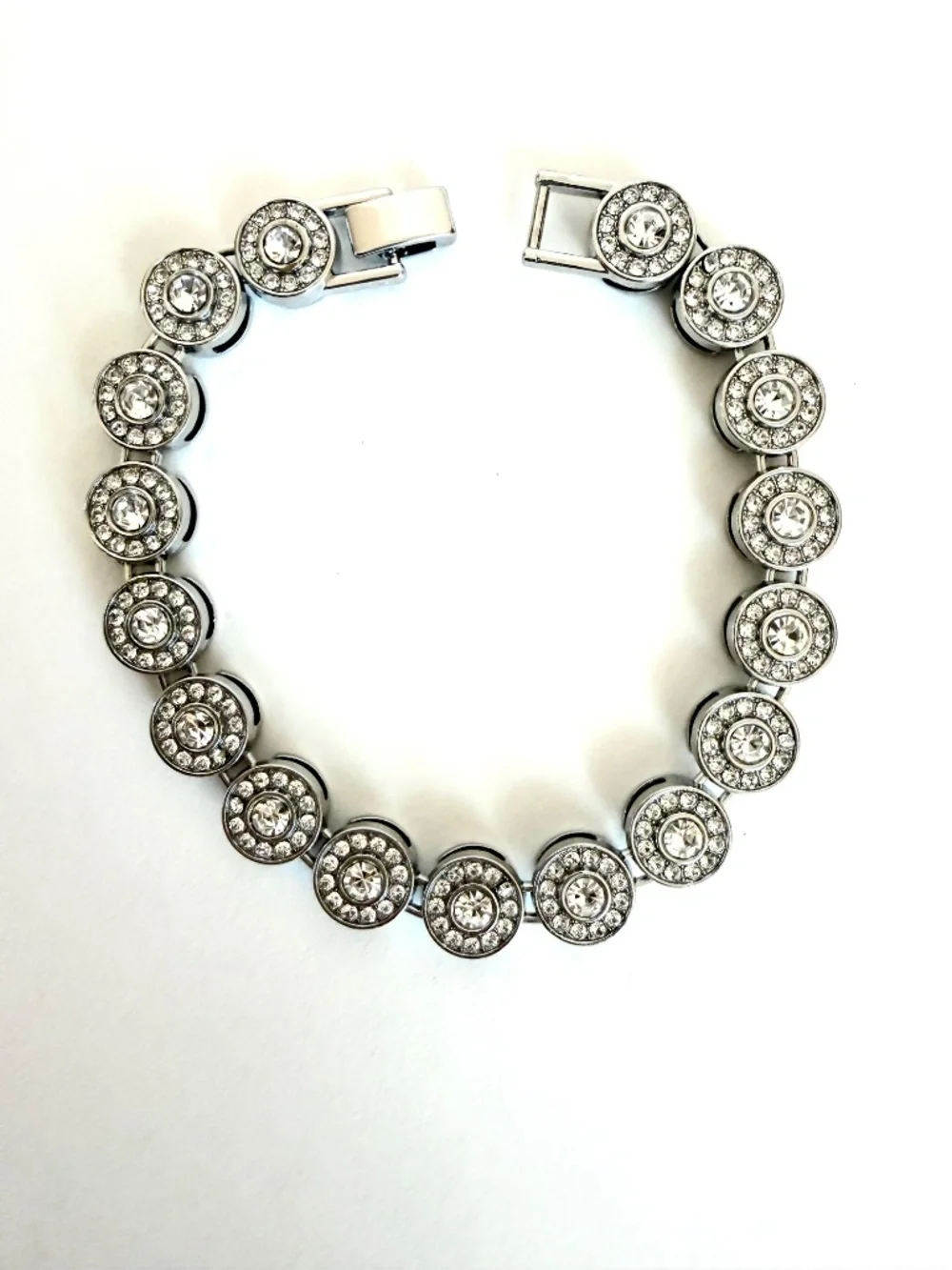 Stainless Steel Crystal Tennis Bracelet Rhinestone Link Round Halo Elegant - Picture 3 of 3